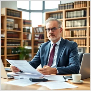 Abogado o asesor financiero con gafas y traje revisando documentos en despacho con estanterías de libros