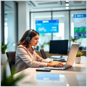 Mujer con auriculares y traje trabajando en un portátil en una moderna oficina con pantallas financieras al fondo, transmitiendo una escena de atención al cliente; Borró 10.000 € reclamando a BBVA y nadie le creyó al principio