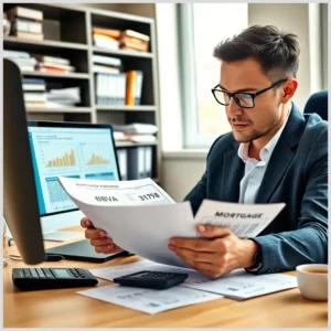 Hombre con gafas y traje revisando documentos hipotecarios marcados con BBVA frente a un ordenador con gráficos, calculadora y taza de café, Borró 10 años de hipoteca reclamando gastos ilegales a BBVA