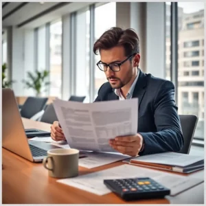 Hombre de negocios con gafas y traje sentado en una sala de reuniones luminosa revisando facturas y documentos frente a un portátil, calculadora y taza de café, Recupera más de 2.000 € al reclamar comisiones por descubierto la Caixa.