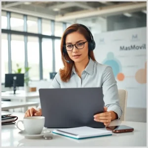 Mujer con gafas y auriculares con micrófono trabaja frente a un portátil en una oficina luminosa con un cartel de MasMovil al fondo; Borró su factura y no pudo reclamar a masmovil: descubre cómo evitarlo