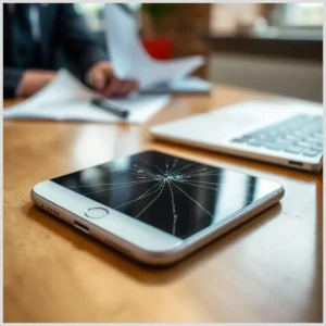 Teléfono con la pantalla visiblemente agrietada apoyado sobre una mesa de madera junto a un portátil y documentos, con una persona desenfocada al fondo, Reclamar OCU iPhone 6: usuario recupera 189 € por obsolescencia.